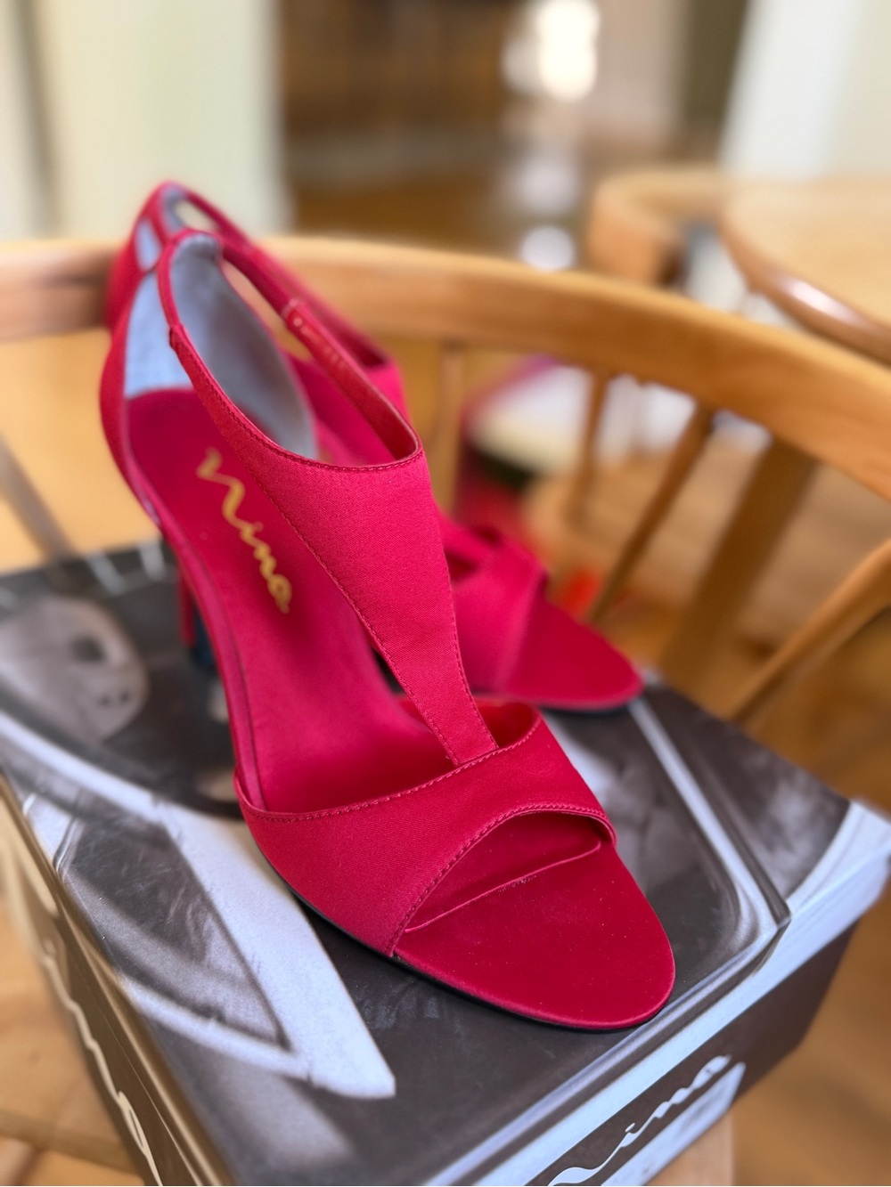 Nina Red Open-Toe T-Strap Slingback Heels